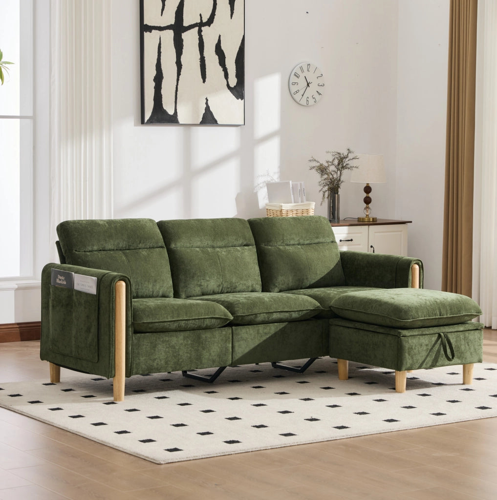 Divano angolare 3 posti 201x77x86 cm verde con contenitore, chenille e tasche laterali