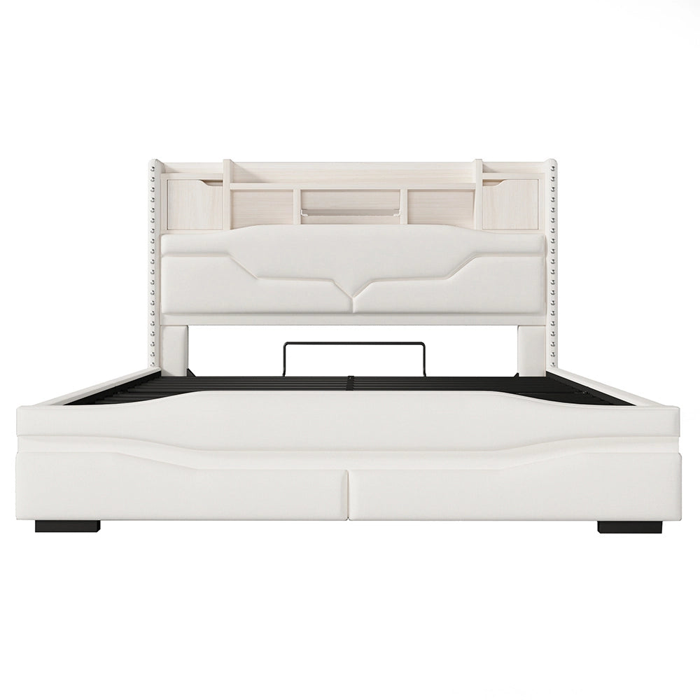 Letto imbottito-Xylo-160x200 cm-USB, LED, testiera con contenitore, idraulico, beige