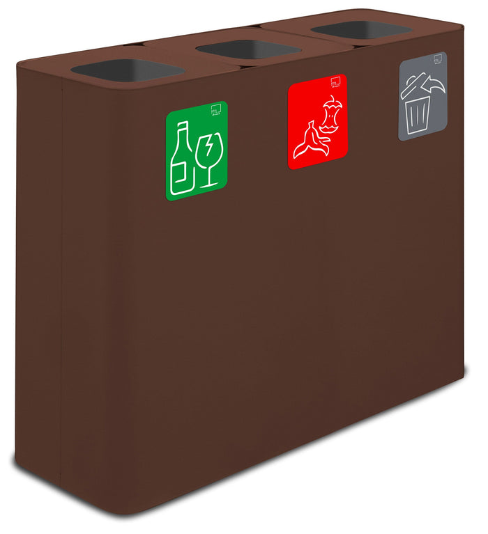 Pattumiera Sistema di Raccolta Rifiuti 90x30xh80 cm In Acciaio Verniciato 3 Scomparti Marrone