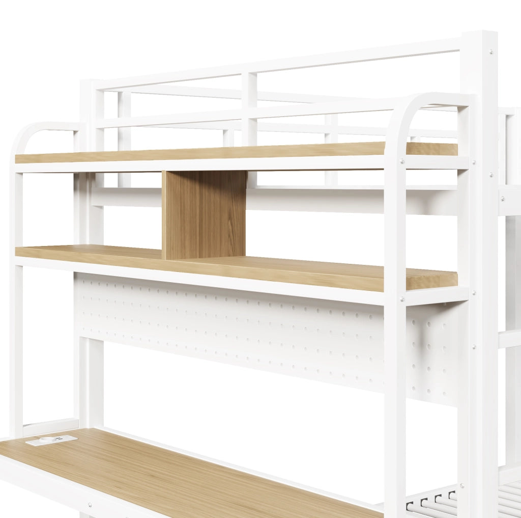 Letto a castello 140x200 cm in metallo e MDF; con scrivania; ripiani; LED e USB; bianco