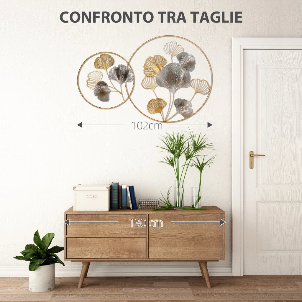 Decorazione Murale 3D in Metallo con Ginkgo ¨C Zephmum ¨C 102x66.2cm Oro e Argento
