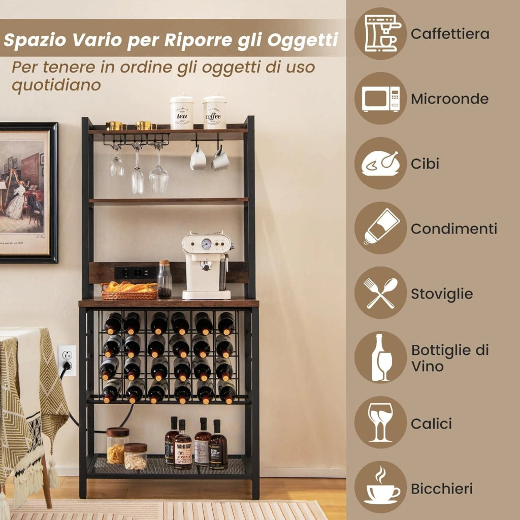 Mobile Bar Vino, Portabottiglie Industriale con 4 Ripiani, Porta Calici, Porte USB e Prese, con Struttura in Metallo Robusto, 75,5 x 48 x 163 cm