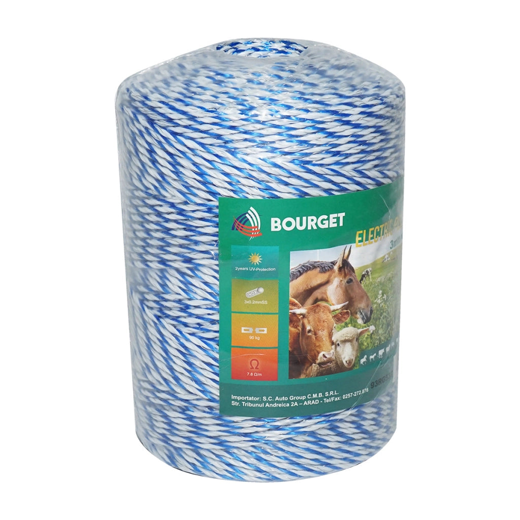 Filo bianco-blu, diametro 3 mm, 3x0.2 mm SS, 500 m per recinzione elettrica, resistenza 7.8 Ohm, Bourget