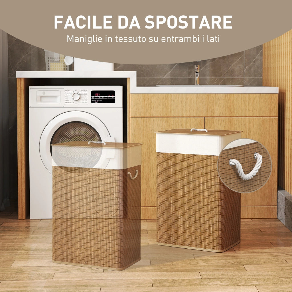 Cesto Portabiancheria 72L con Sacco Rimovibile 40x30x60 cm in Vimini e Bambù Marrone