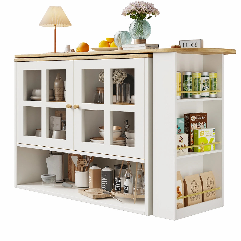 Mobile Bar con 2 Ante in Vetro; 5 Ripiani; Estensibile e Girevole a 360°; per Cucina Soggiorno; MDF; 138-204 x 39 x 102;5 cm; Bianco