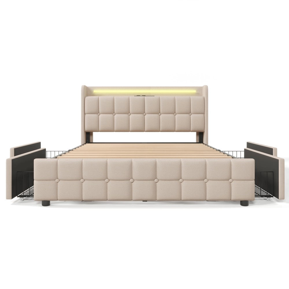 Letto Imbottito Contenitore con LED e USB ¨C MINIMAL ¨C 160x200, Beige, 4 Cassetti, Doghe in Legno