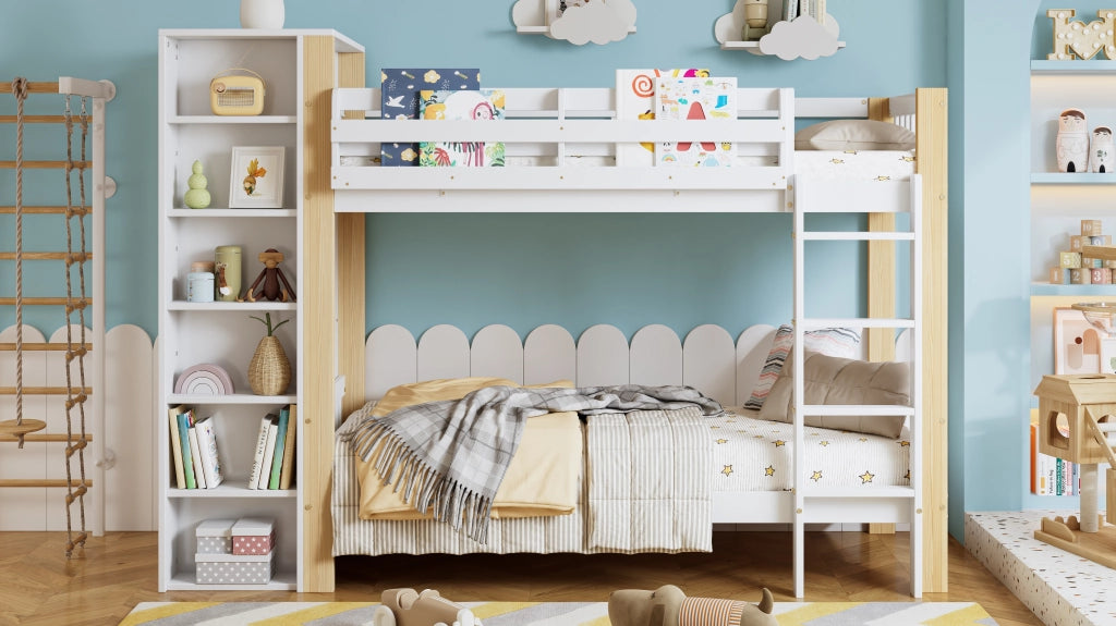 LETTO A CASTELLO 90x200 cm Bianco+Naturale con scala a 4 gradini e armadio laterale