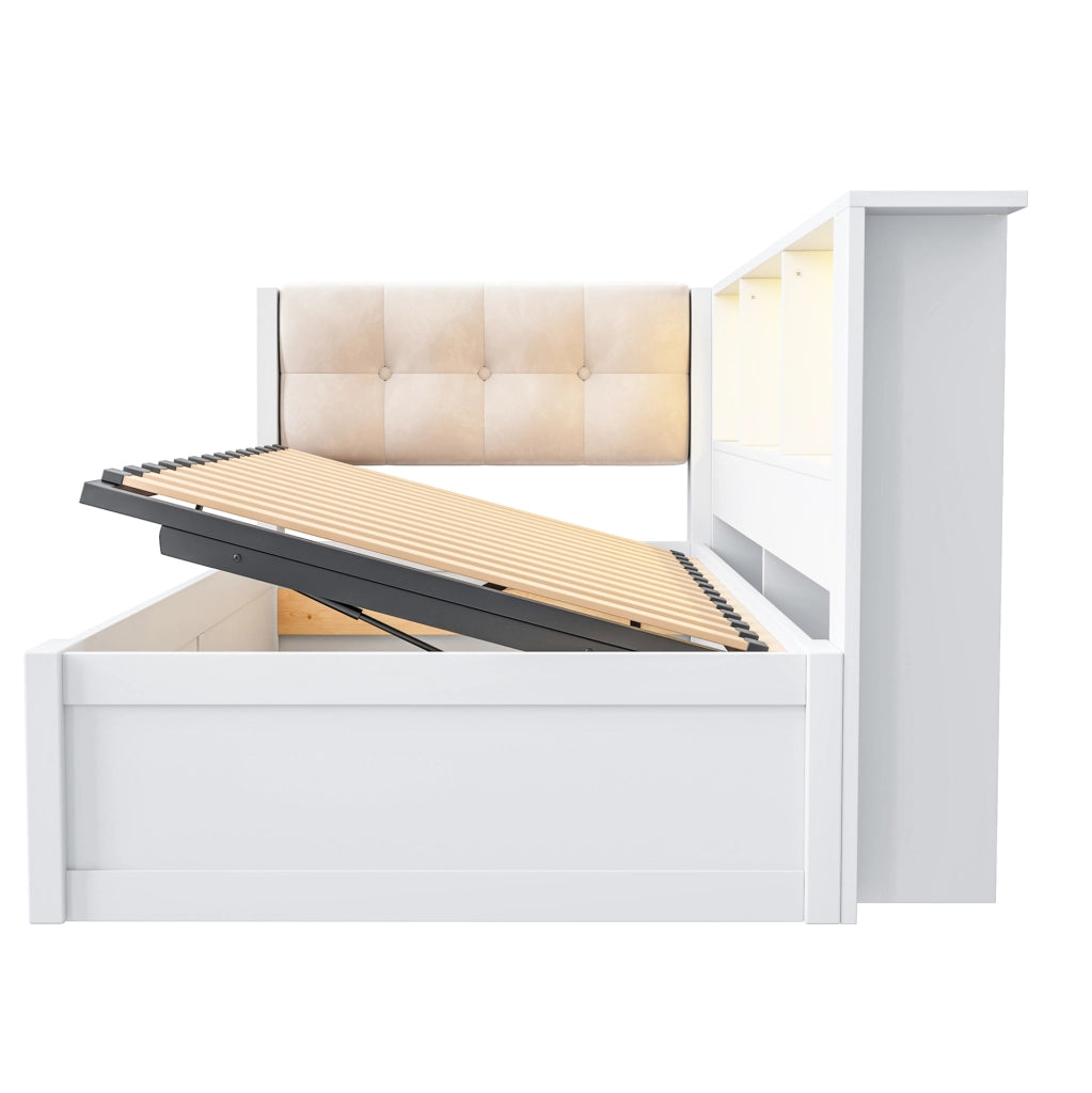 Letto contenitore 209x113.8x80.6 cm con alzata idraulica; LED e USB in legno di pino e MDF bianco