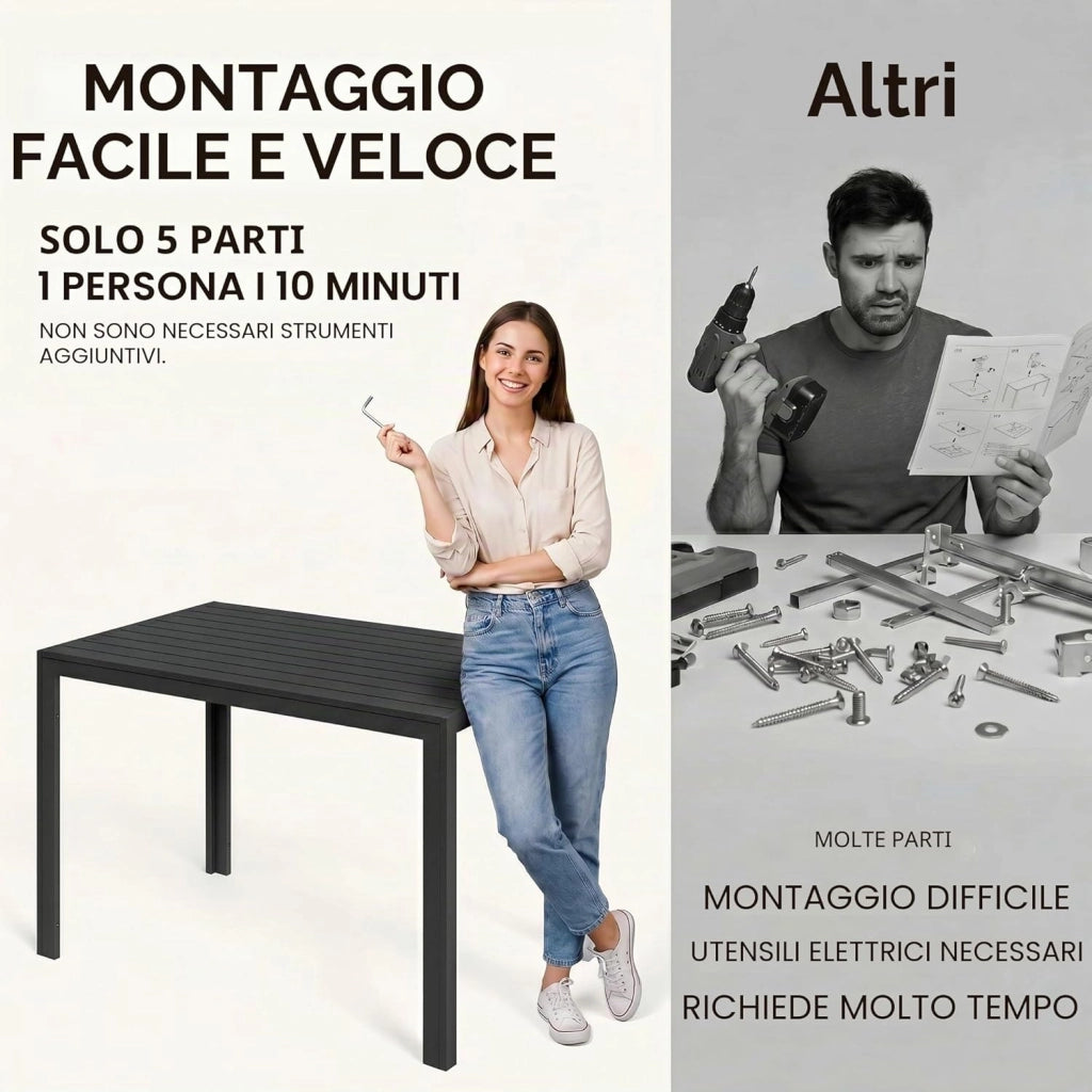 Tavolo da Giardino Moderno in WPC 110 x 70 cm, Tavolo da Pranzo per Esterno per 4-6 Persone, Tavolo da Balcone Salvaspazio in Alluminio, Design Effetto Legno,Nero