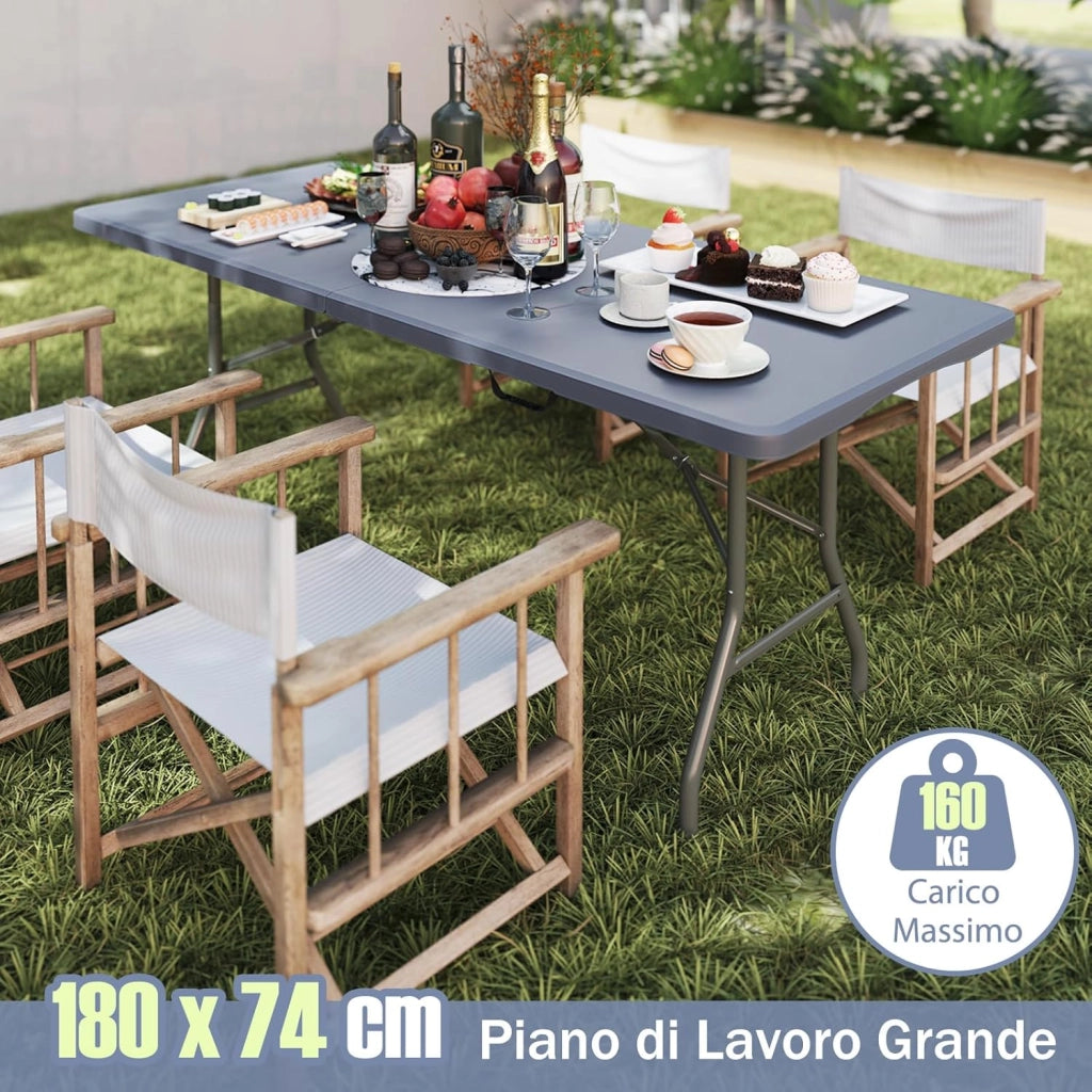 Tavolo Pieghevole Portatile da 180 cm, Tavolo da Campeggio in HDPE, Meccanismo di Blocco Sicuro, Tavolo da Picnic con Maniglia, Portata 160 kg (180 cm,Grigio)
