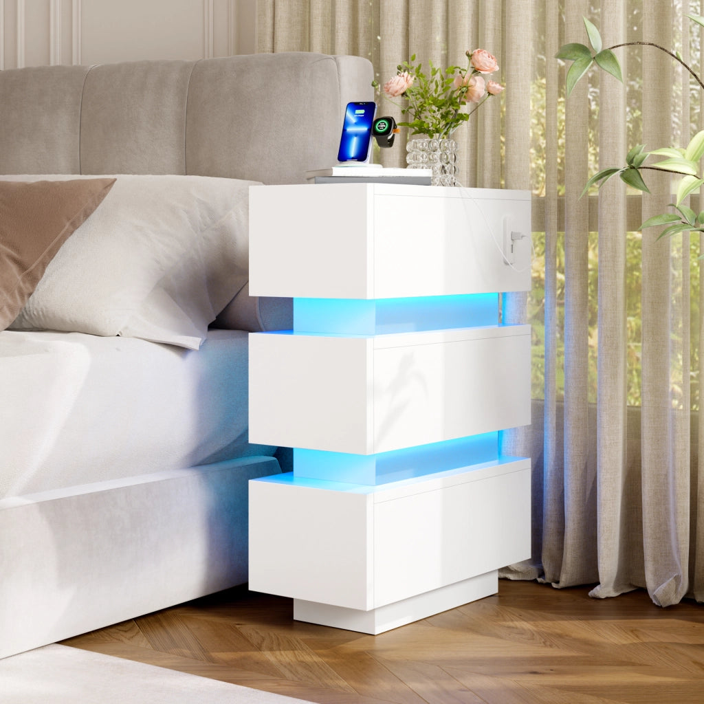 Desviae Comodini stretti set da 2 con 3 cassetti e ricarica integrata USB e Type-C luci LED bianchi 20 × 40 × 59,5 cm