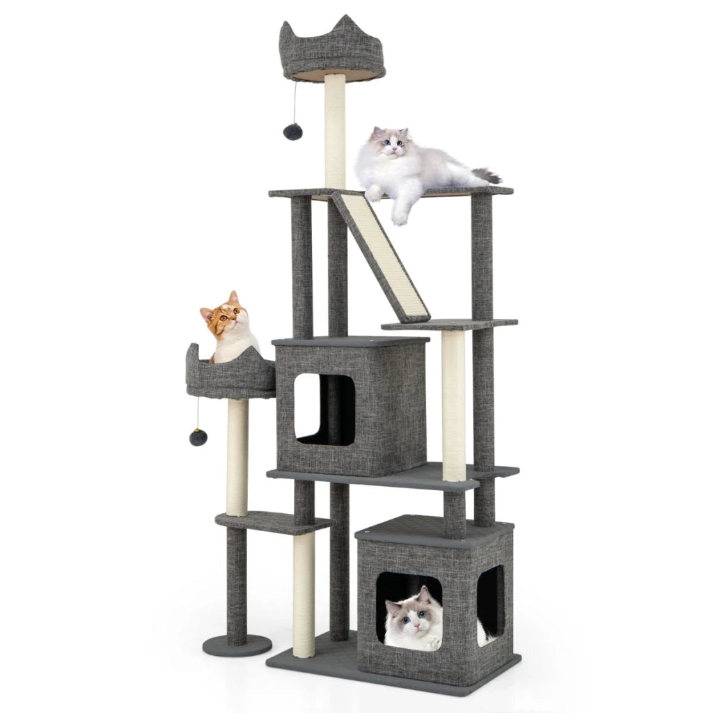 Tiragraffi 180 x 86 x 40 cm con 7 livelli di gioco e 2 comode cucce stile moderno tessuto grigio 20_0010109