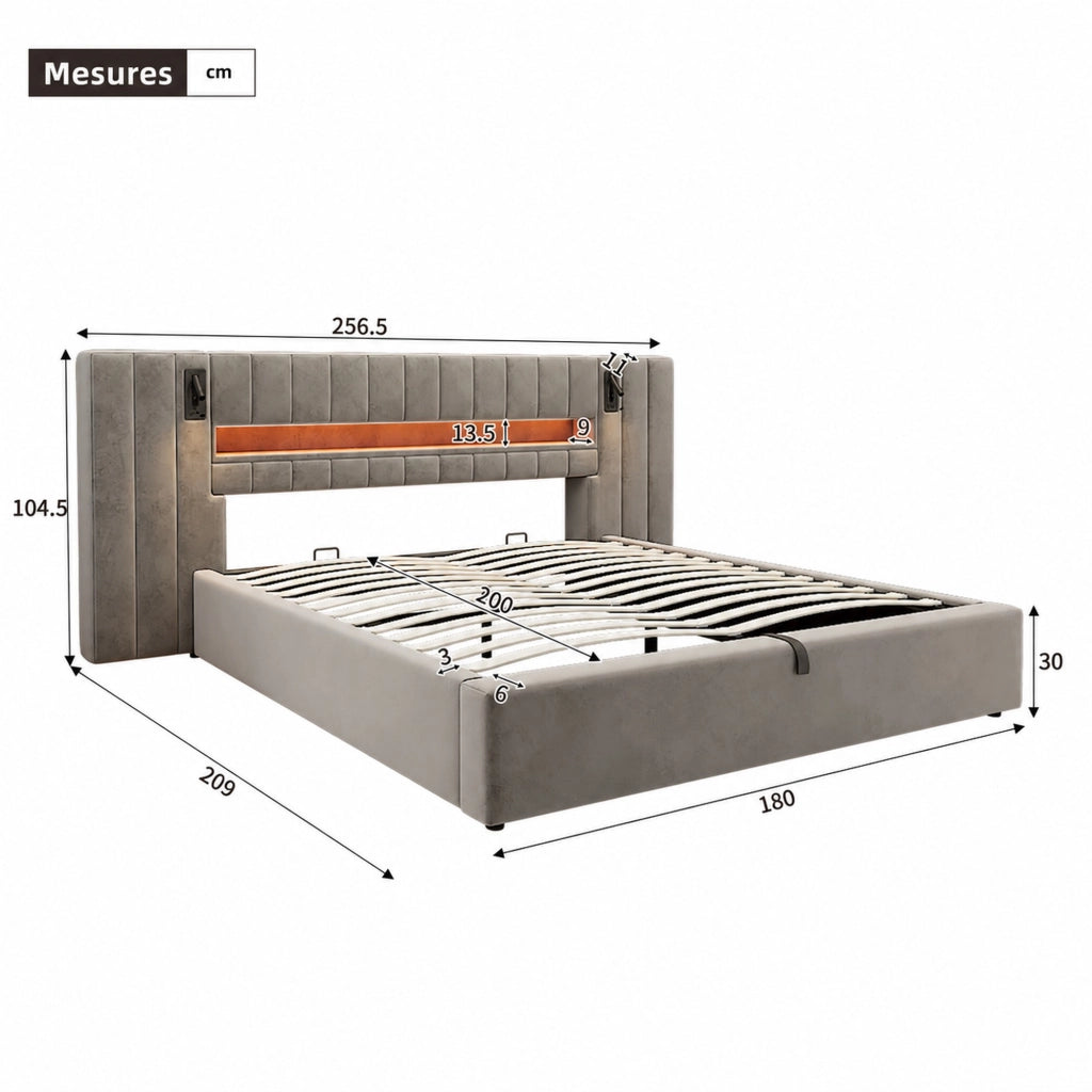 DESMIU Letto Matrimoniale Imbottito 2 Posti con USB, USB-C, LED e Lampada da Lettura 180 × 200 cm, senza materasso