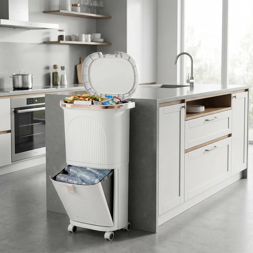 Pattumiera da cucina a 3 scomparti, 38 l, pattumiera con ruote, pattumiera a pedale con coperchio, pedale e manico, a doppio piano, in plastica, sistema di raccolta differenziata della