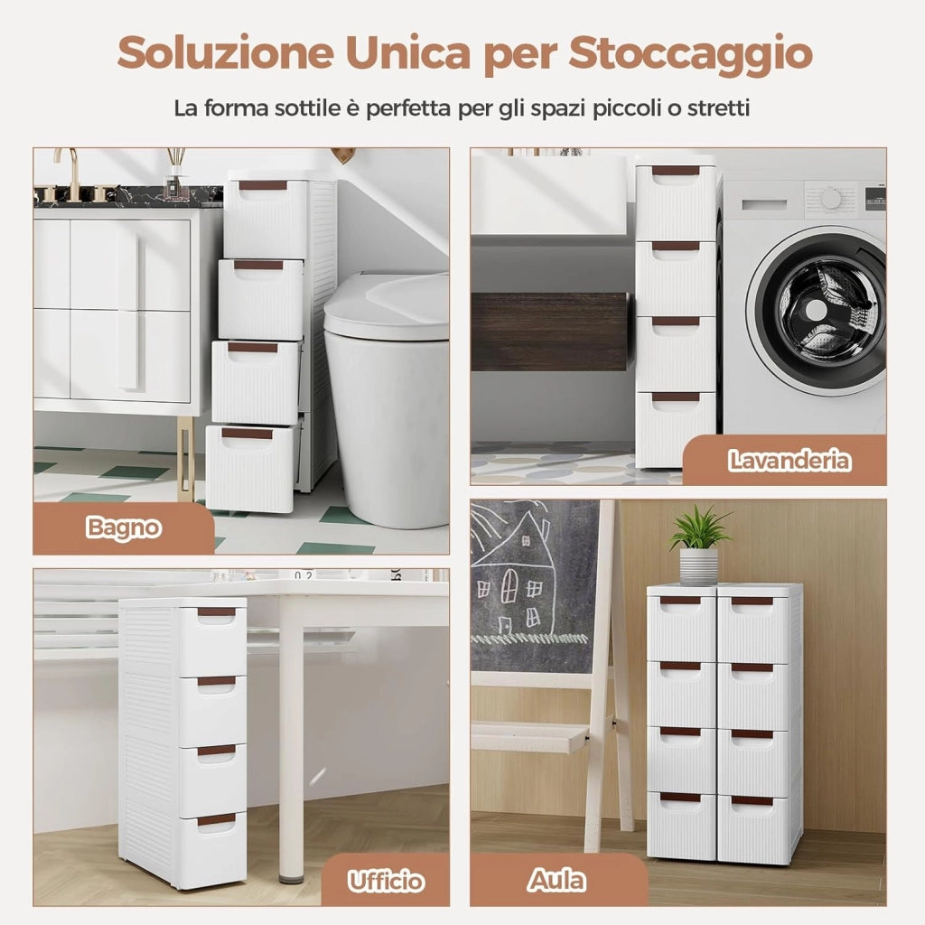 Mobile Bagno con 4 Cassetti, Mobiletto Bagno Salvaspazio con Ruote, Cassettiera in PP per Soggiorno, Bagno e Cucina, 42 x 19 x 74 cm