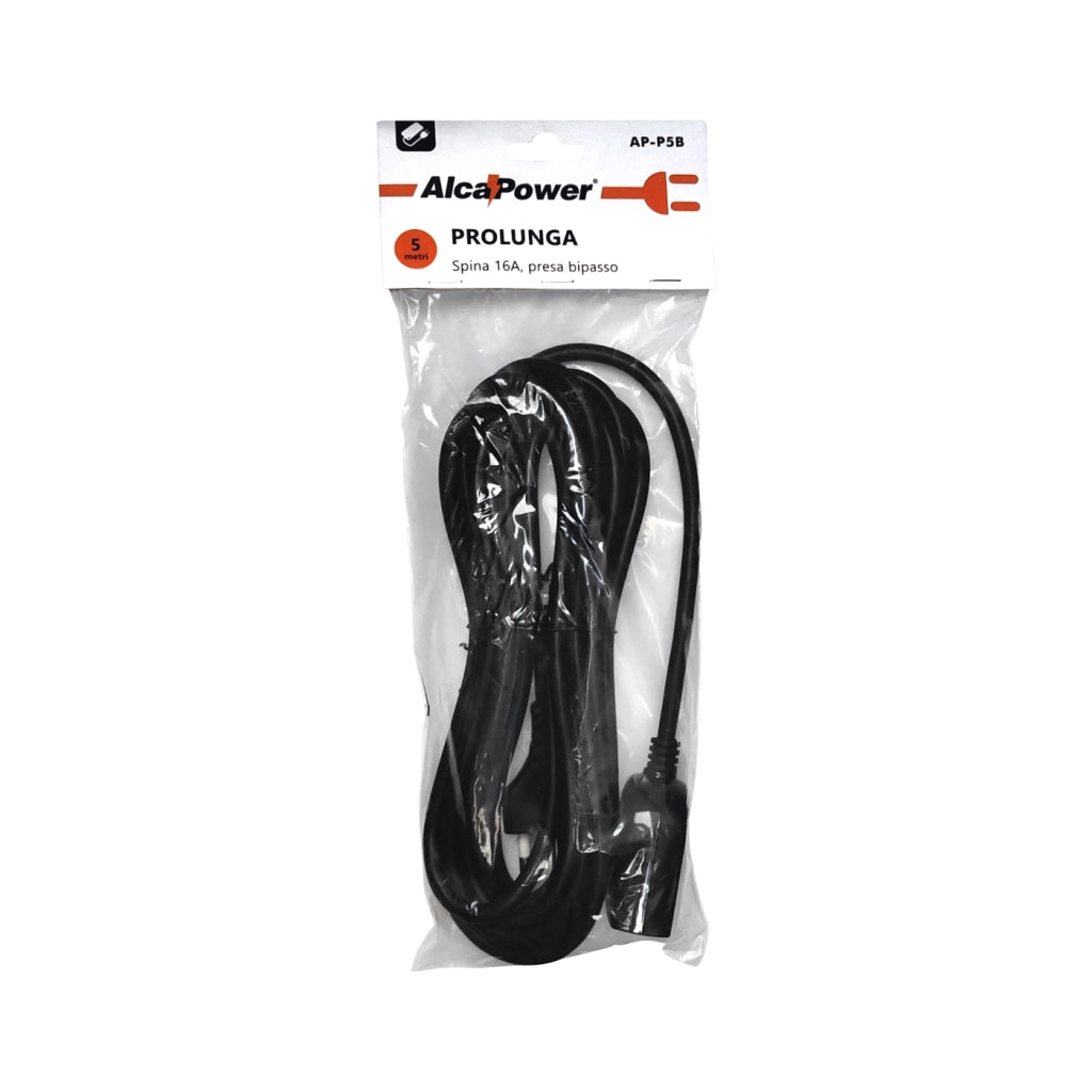 Alcapower Prolunga Elettrica Professionale 16A Presa Bipasso 10/16A Cavo 5 Metri Nero, Soluzione Sicura per Connessioni Domestiche ed Ufficio