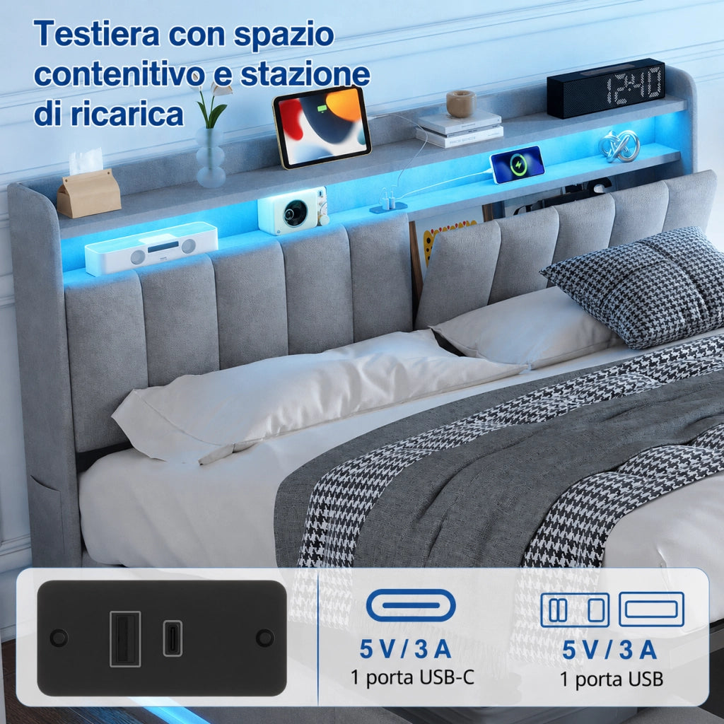 Letto matrimoniale con contenitore idraulico 160x200 cm, velluto grigio, testiera con vani, LED RGB, porte USB‑C e USB