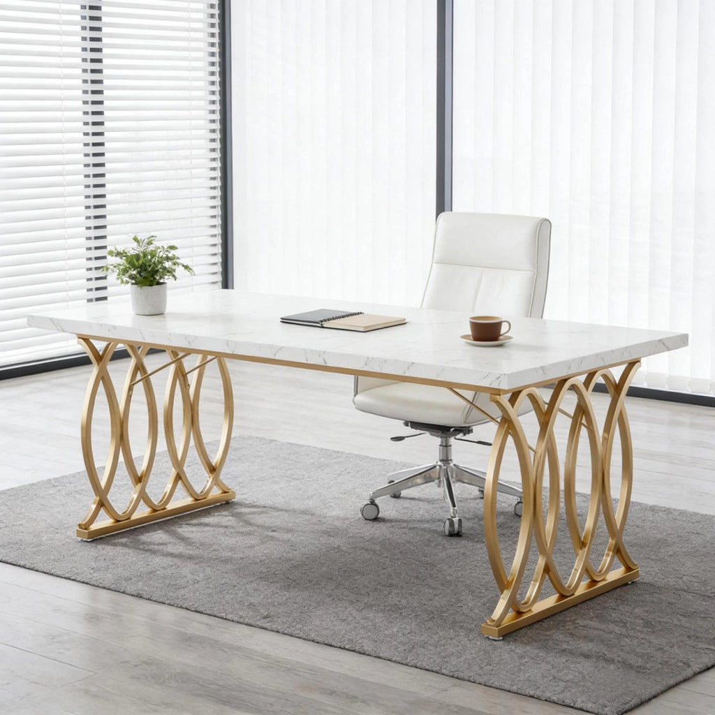 Scrivania moderna bianca e oro 160 x 80 cm con struttura in metallo