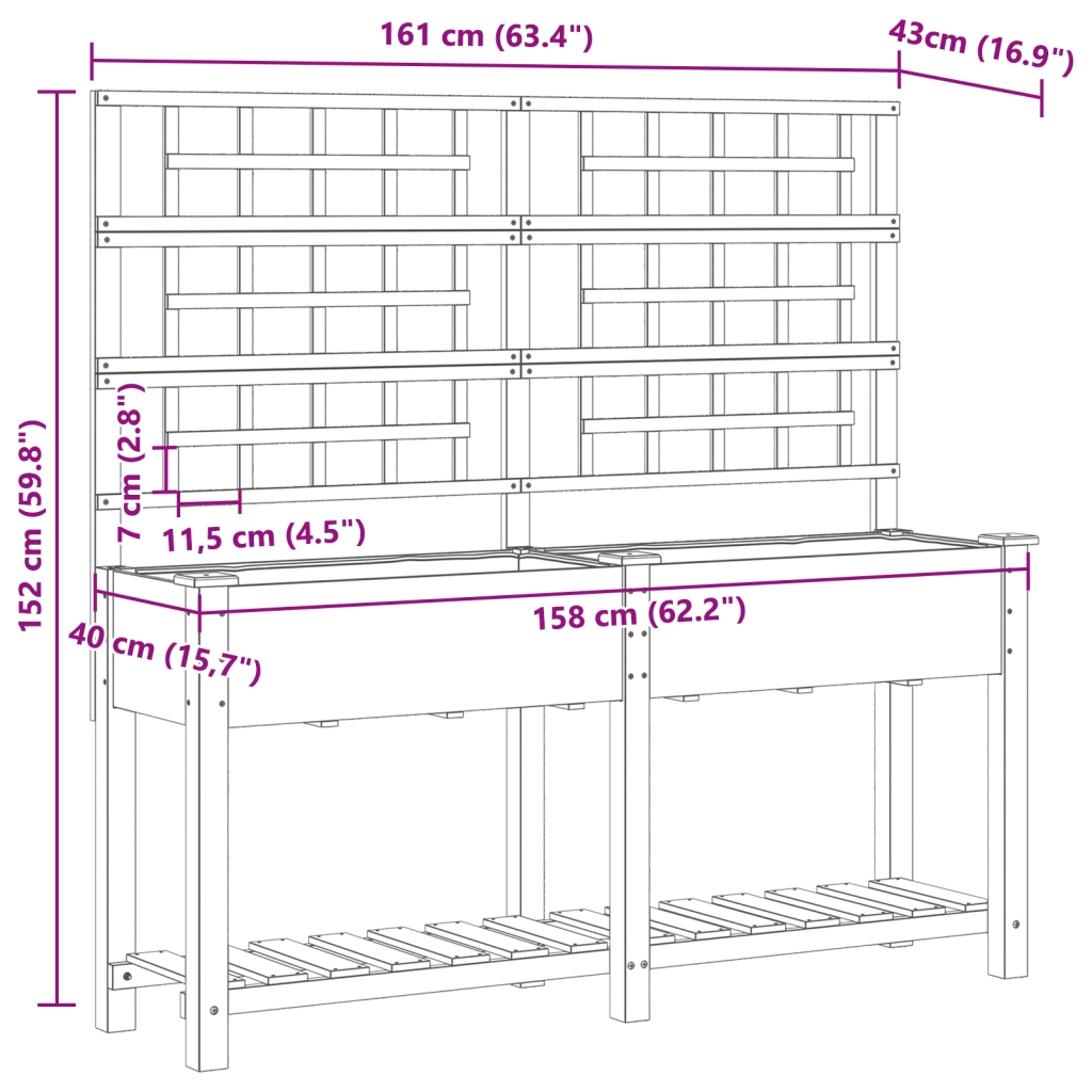 Vaso da Giardino  con Trellis e Ripiano 161x43x152 cm in Legno Massello di Pino