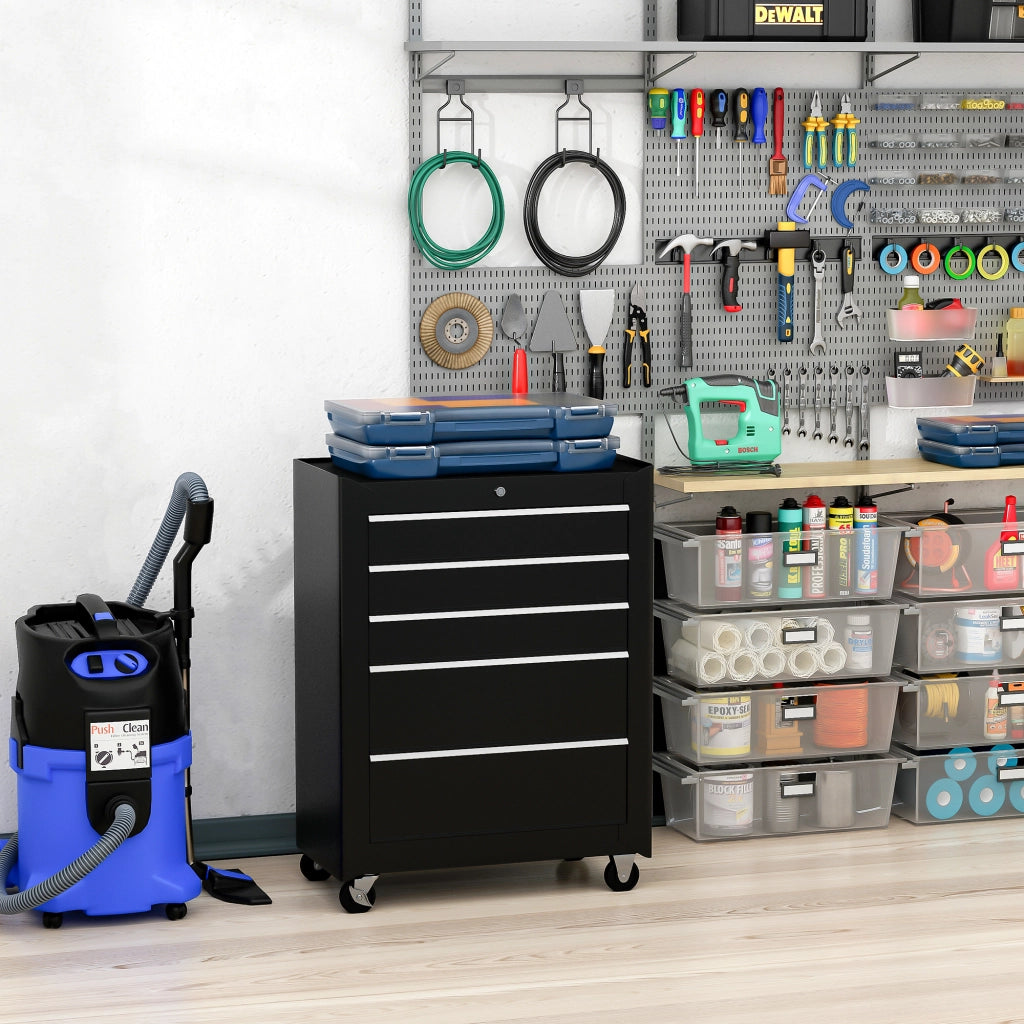 Carrello Porta Attrezzi 5 Cassetti con Chiave e Ruote Nero