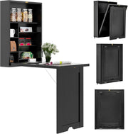 Scrivania da Parete in Legno con 7 Scomparti, Pieghevole, Scrivania per Computer, Studio, Cucina, Soggiorno, 2 Colori