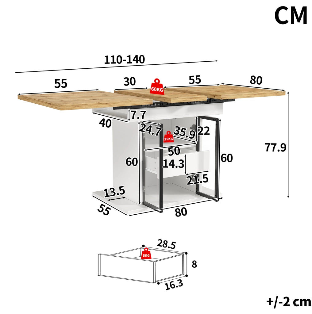 Tavolo allungabile da 110 a 140 cm con contenitore e luci LED; MDF e metallo; bianco