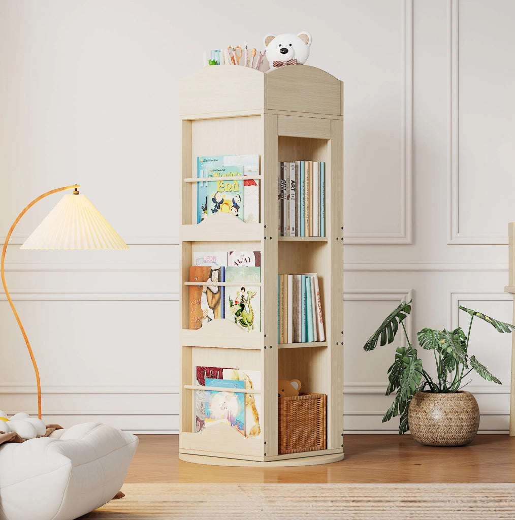 Libreria girevole 360° in MDF, 4 ripiani, colore naturale