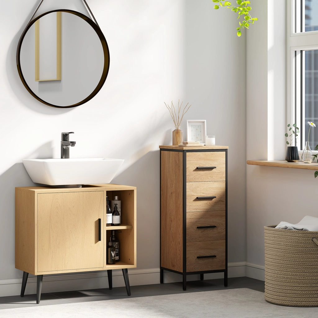 Mobile Sottolavabo Bagno con Anta a Chiusura Progressiva e Ripiano Regolabile ¨C zephmum ¨C Rovere 60x30x59.5