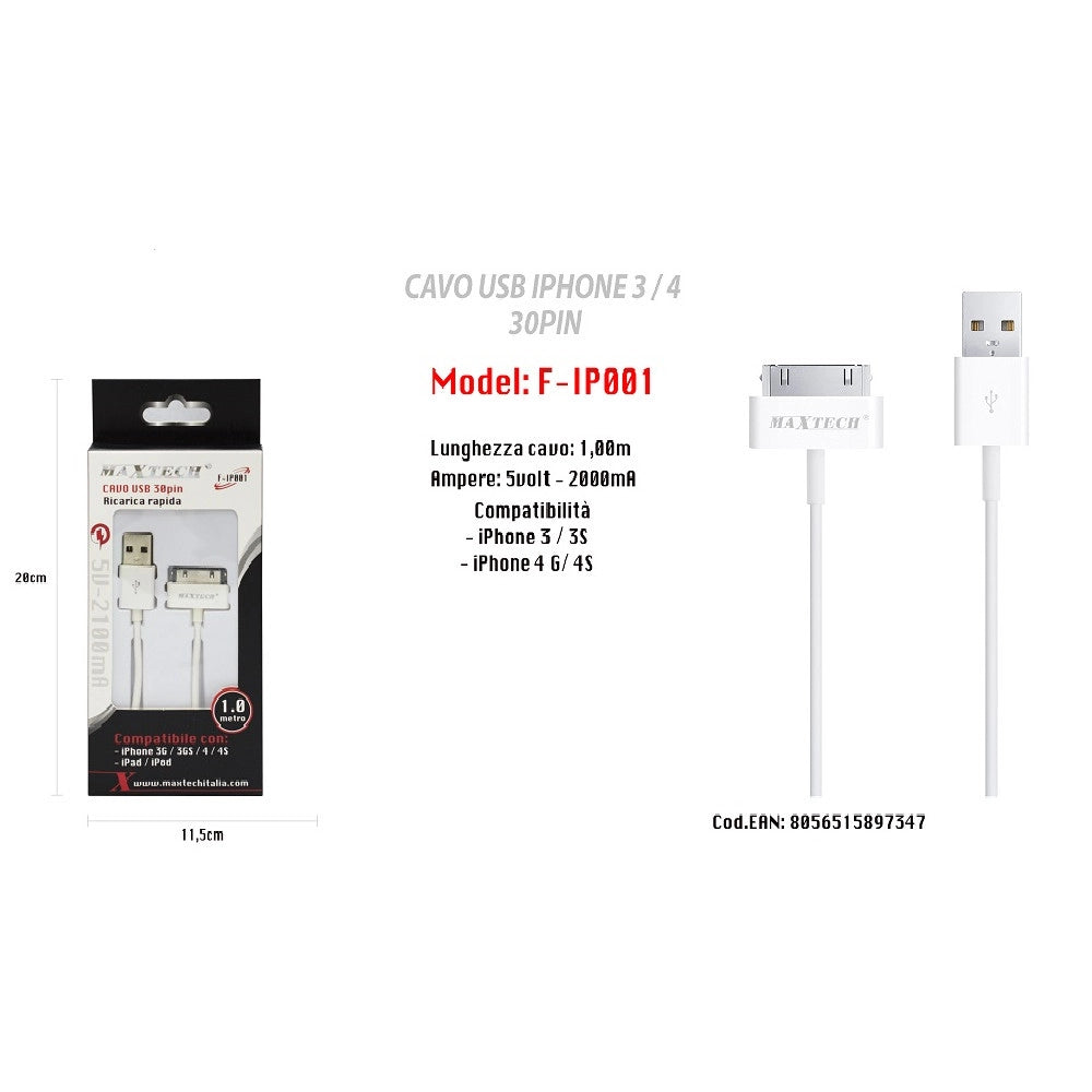 Trade Shop - Cavo Usb Dati Per Apple 30 Pin Iphone 3 / 3s / 4g / 4s Ipad Ipod Maxtech F-ip001 -
