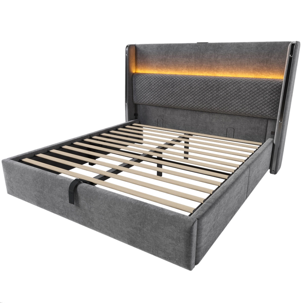 Letto matrimoniale 140x200 cm con testiera alta; LED; contenitore; USB e Type-C; grigio