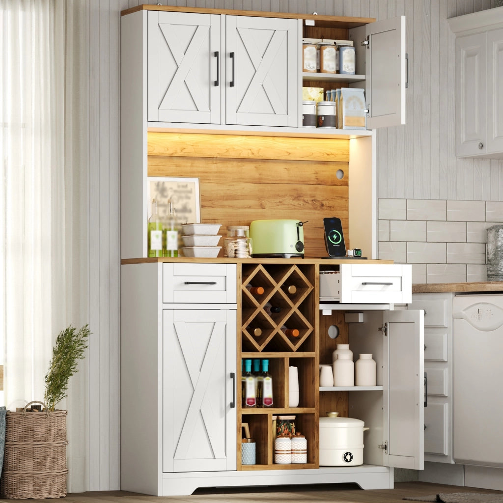 Credenza alta da cucina con LED, 2 cassetti, vani aperti, portabottiglie e prese, per cucina e soggiorno 105 × 40 × 180 cm