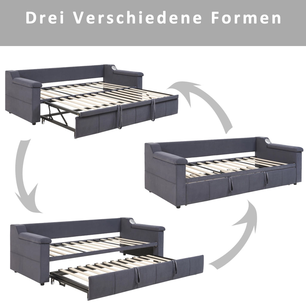 Letto imbottito estraibile matrimoniale 90×190 cm e 180×190 cm con USB; ripiani e Bluetooth; senza materasso; grigio