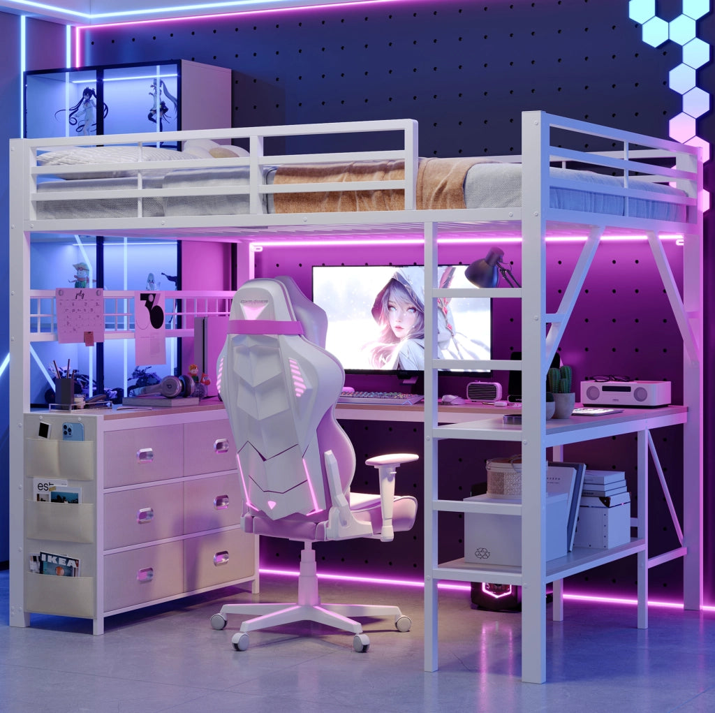 Letto a soppalco 140x200 cm con scrivania; cassetti e LED bianco HOMVRA