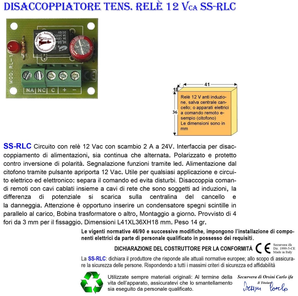 Pulsante Apri Porta Relè 12 V Protegge da Correnti Indotte gli Apparati Elettronici Connessi Centrale Cancello Automatico Salva le Apparecchiature da Scariche Dovute al Cablaggio Vicino Alla Rete