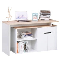 Scrivania Angolare con Libreria a 2 Ripiani, Armadietto e Cassetto, 140x117x76 cm, color Legno e Bianco