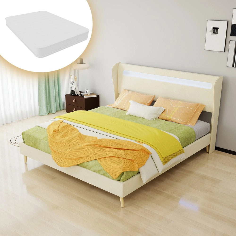 Letto imbottito con testiera LED e materasso ¨C Minimal ¨C beige 160x200 cm
