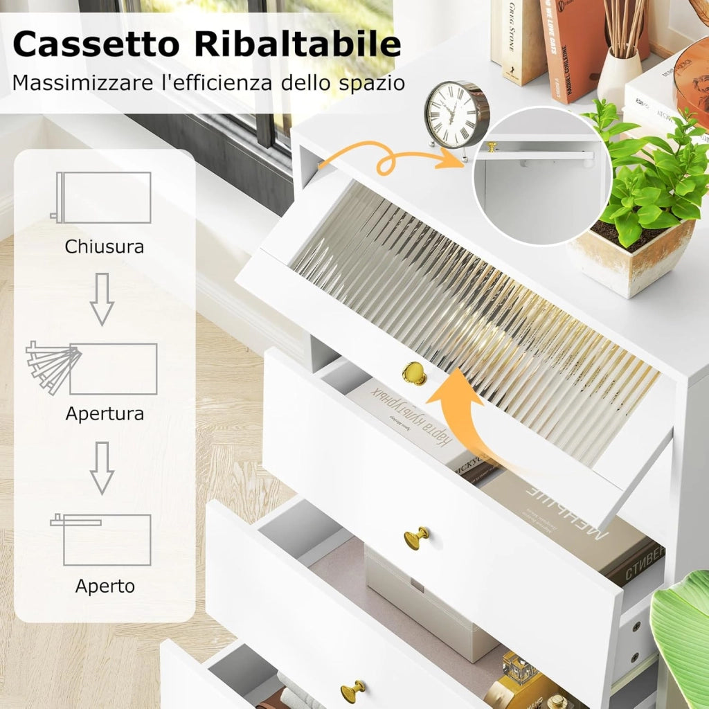 Cassettiera Camera da Letto con 4 Cassetti, Comodino Salvaspazio con Scomparto con Vetrina Ribaltabile, Mobile per Soggiorno Ingeresso e Studio, 60 x 40 x 112,5 cm, Bianco