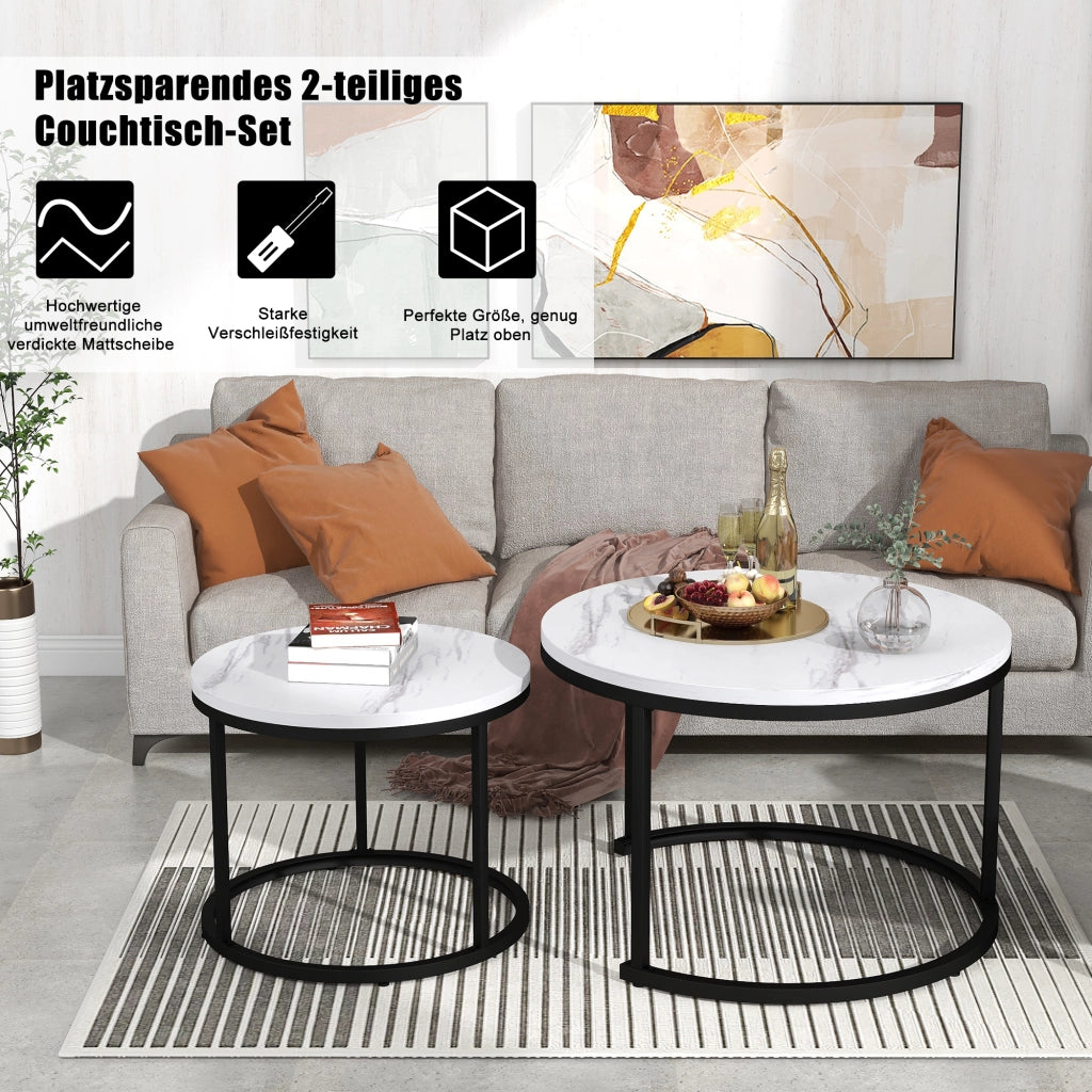 TAVOLO DA CAFFÈ Set da 2 tavoli rotondi impilabili MDF effetto marmo bianco