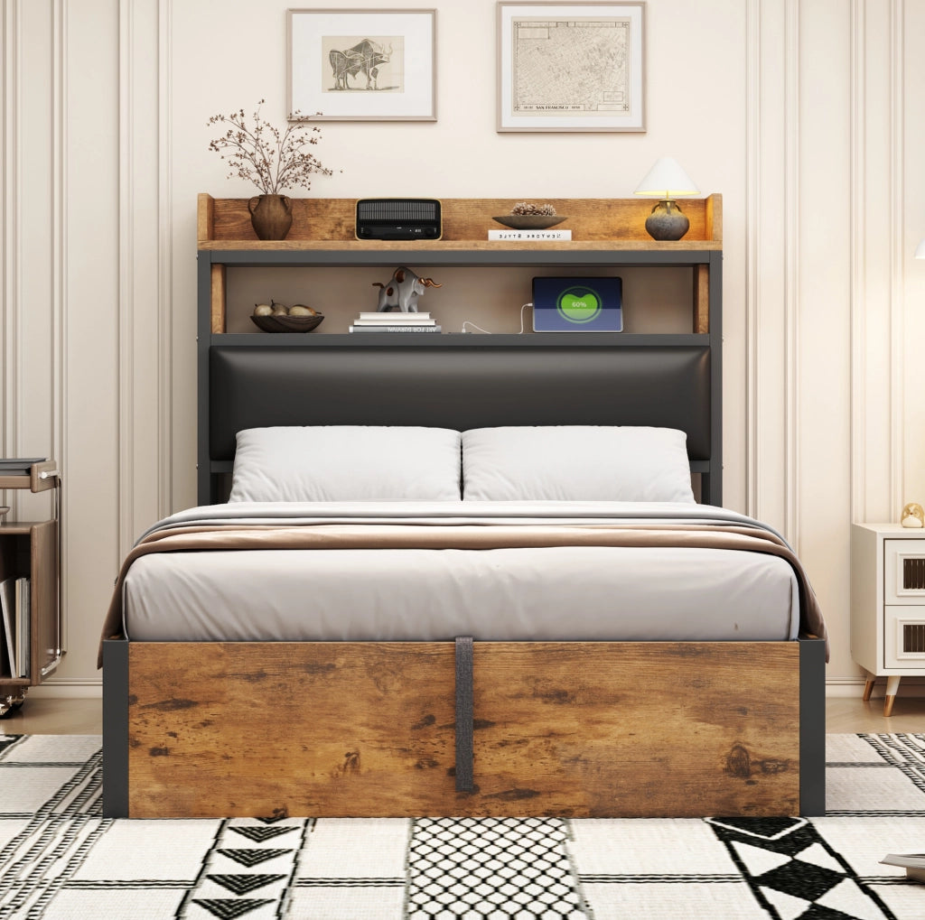 Letto singolo 90x200 cm con contenitore idraulico e USB nero