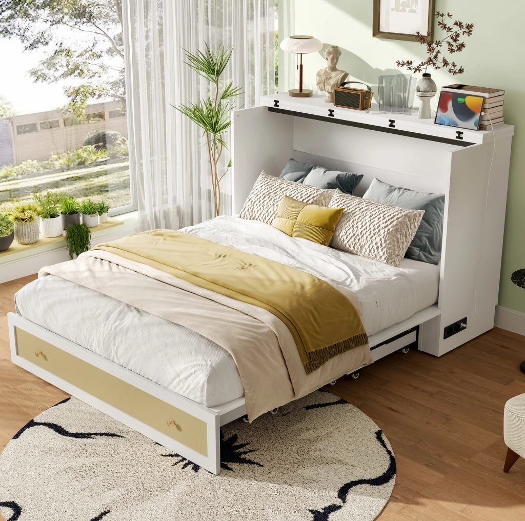 Letto a scomparsa 140x200 con cassetti, presa e USB, bianco
