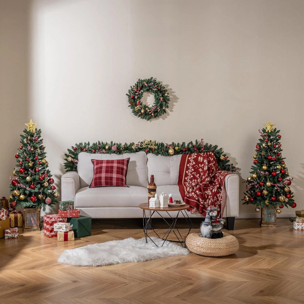 Set Natalizio 2 Alberi Artificiali di Natale da 120 cm in Vaso e Ghirlanda Natalizia di 270 cm, Mini Alberi e Ghirlande Decorate