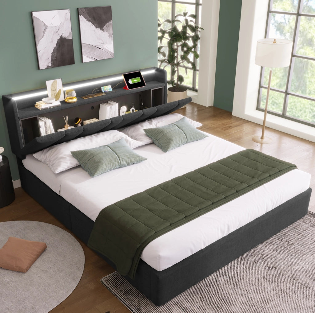 Letto matrimoniale imbottito 140x190 cm con contenitore; LED e prese USB; grigio