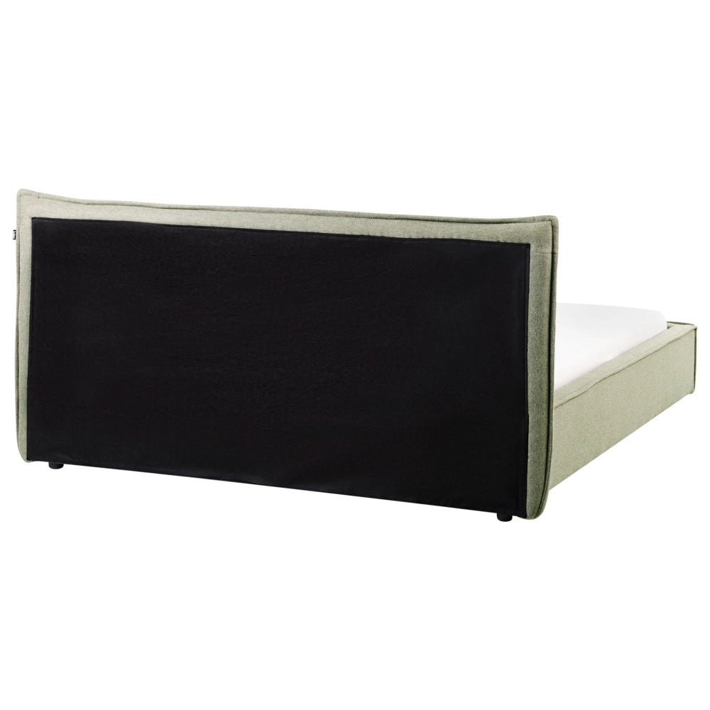 Letto ad acqua king size UE con rivestimento in tessuto di lino verde e gambe nere 160 x 200 cm con testiera e struttura a doghe per camera da letto.