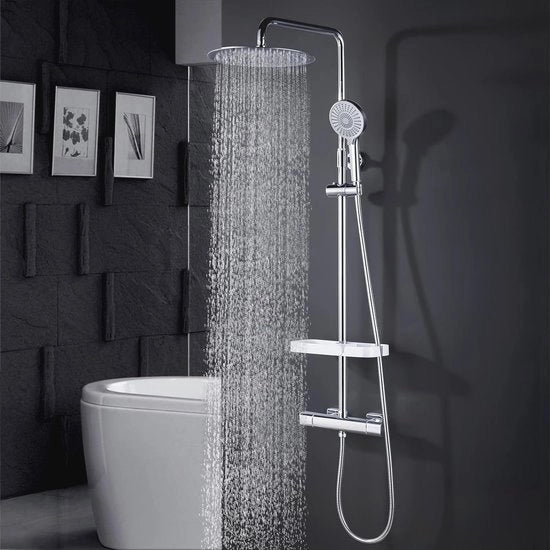 Set di Doccia Completo con Termostato e Doccia a Goccia Rotonda - Sistema di Doccia con Multi Fonti di Calore in Acciaio Inox