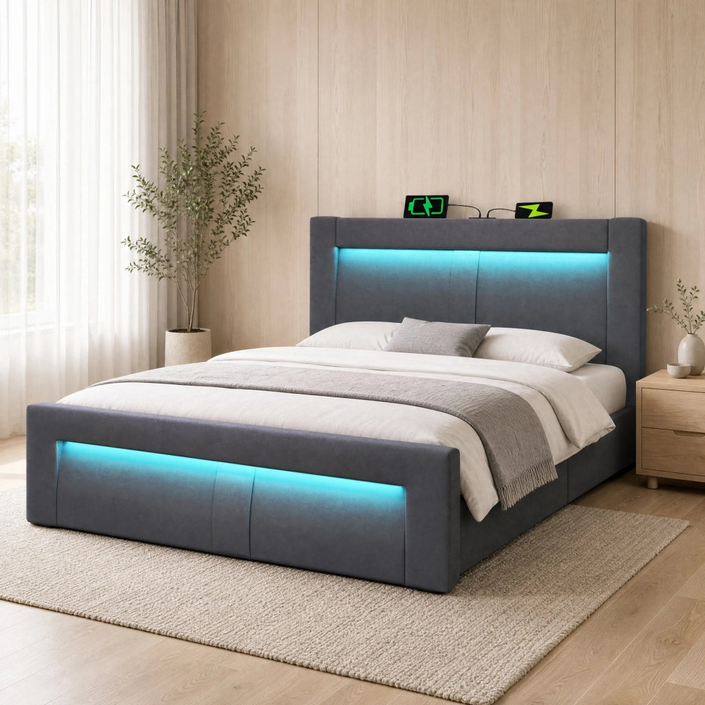 Letto matrimoniale con contenitore 140x200 cm; LED; USB e Type-C; velluto grigio