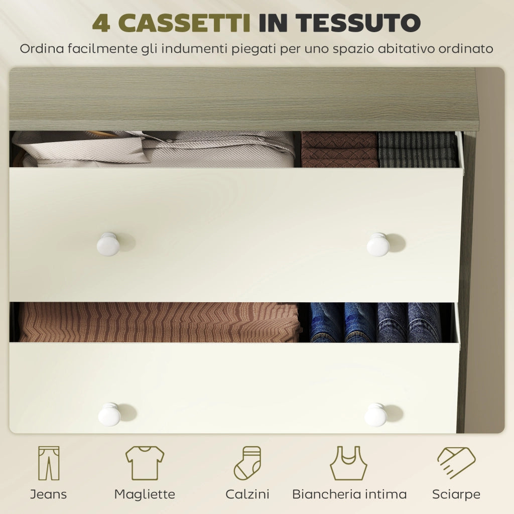 Cassettiera con 4 Cassetti in Tessuto 58x30x91 cm con Maniglie Doppie Struttura in MDF Bianco e Grigio