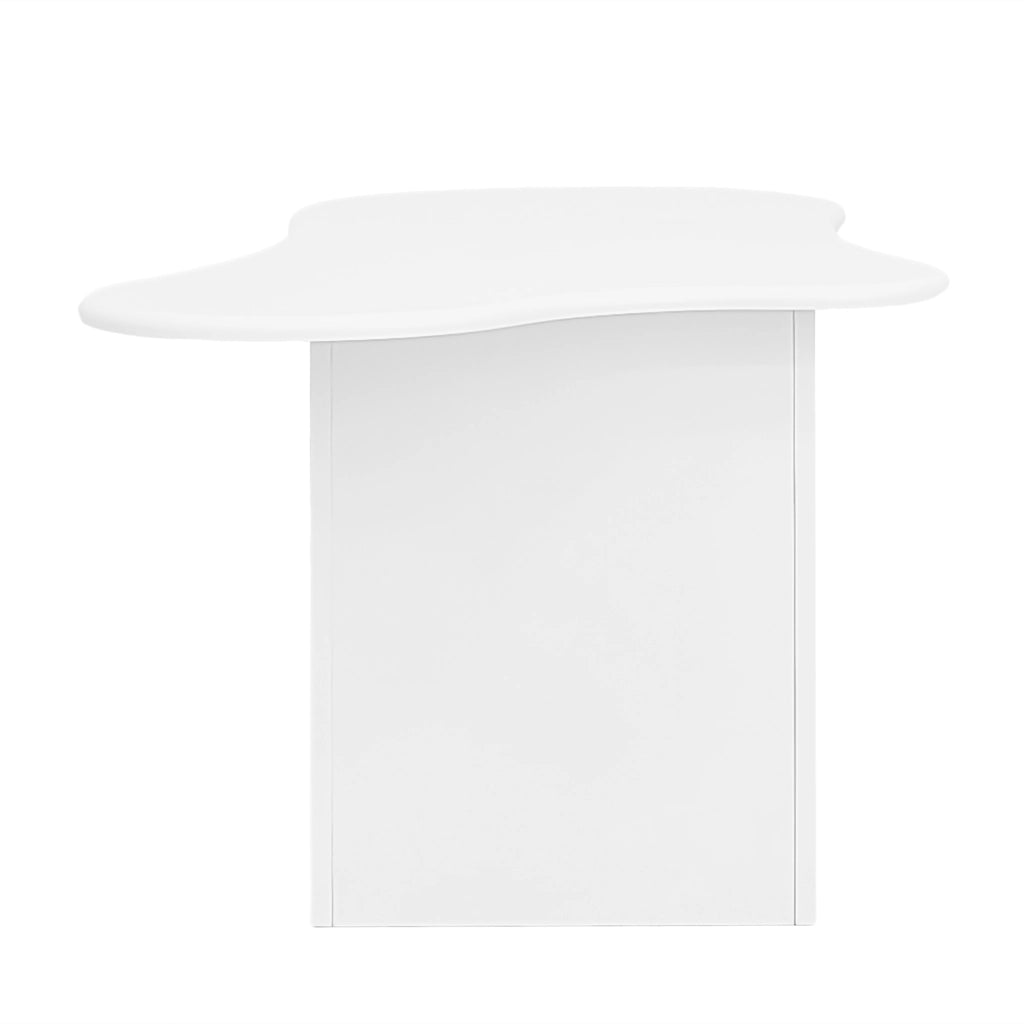 Tavolino da caffè 97x45x43;5 cm; forma a nuvola con cassetti e vani aperti; truciolare bianco