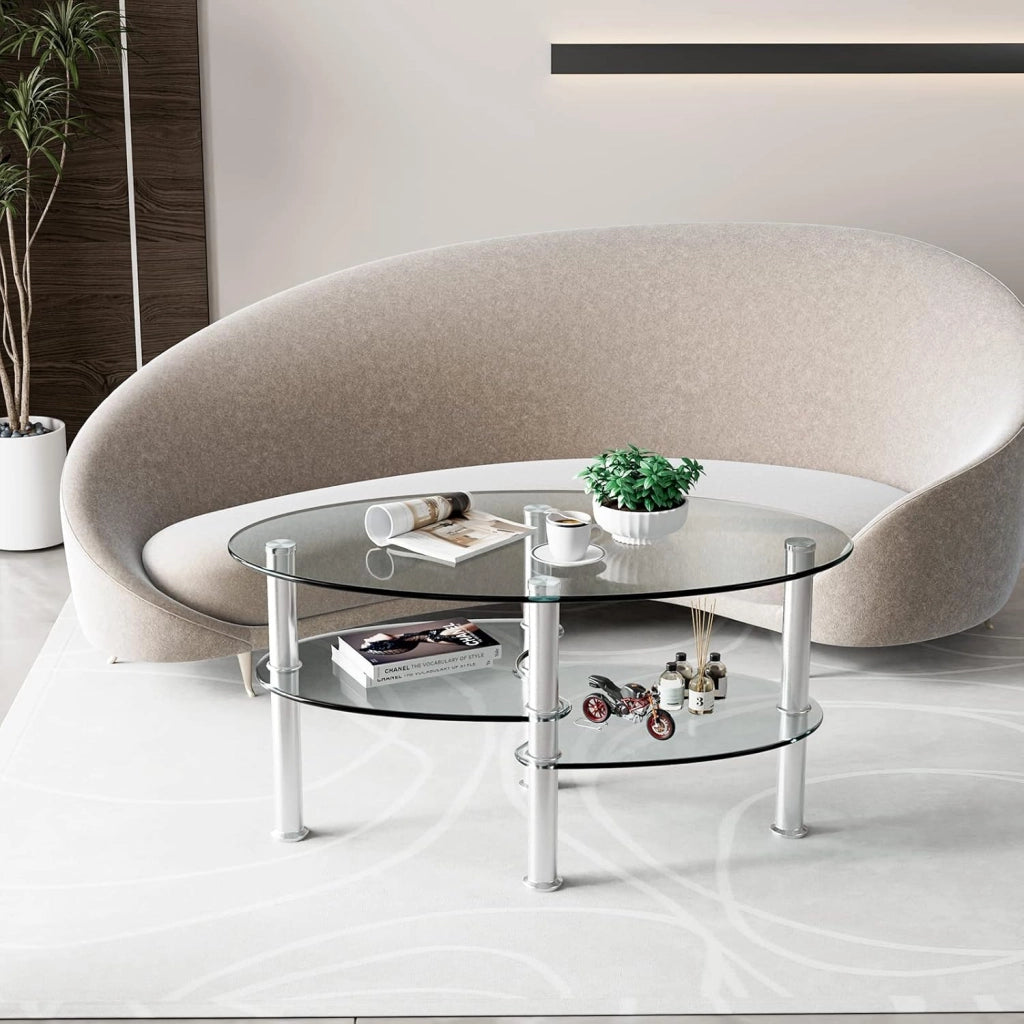 Tavolino da Divano, a 3 Ripiani in Vetro Temperato, Struttura in Metallo, Design Moderno, Trasparente, Ideale per Soggiorno e Ufficio, Portata di 50 kg, 90x50x45 cm (Bianco)