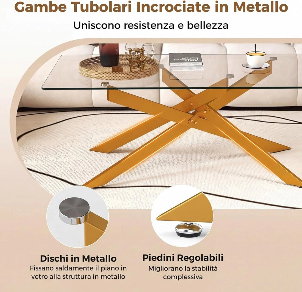 Tavolo da Caffè, Tavolino Salotto in Vetro Temperato con Gambe Incrociate in Metallo Placcato e Piedini Regolabili Antiscivolo, per Soggiorno e Ingresso, 120 x 60 x 45,5 cm (Oro)