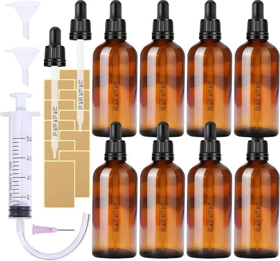 Set di 8 bottiglie di vetro marrone da 100 ml con pipetta - Bottiglie liquidi da farmacia - Cappuccio pipetta nero - Etichette - Accessori ausiliari